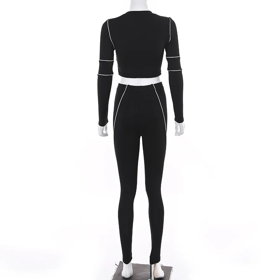 

Fashion Casual Patchwork Two-piece Suit Female 2019 Autumn Fitness Long-sleeved Striped Crop Top Women Jogger Sports Trousers