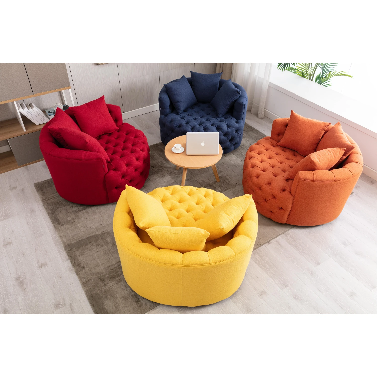 Round Linen Accent Chair Leisure Chair Recliner Sofa W/3 Pillow For Hotel Living Room 6 Colors