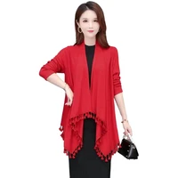 2022 new spring autumn new womens long sleeved woven coat versatile large womens solid color tassel shawl over coat
