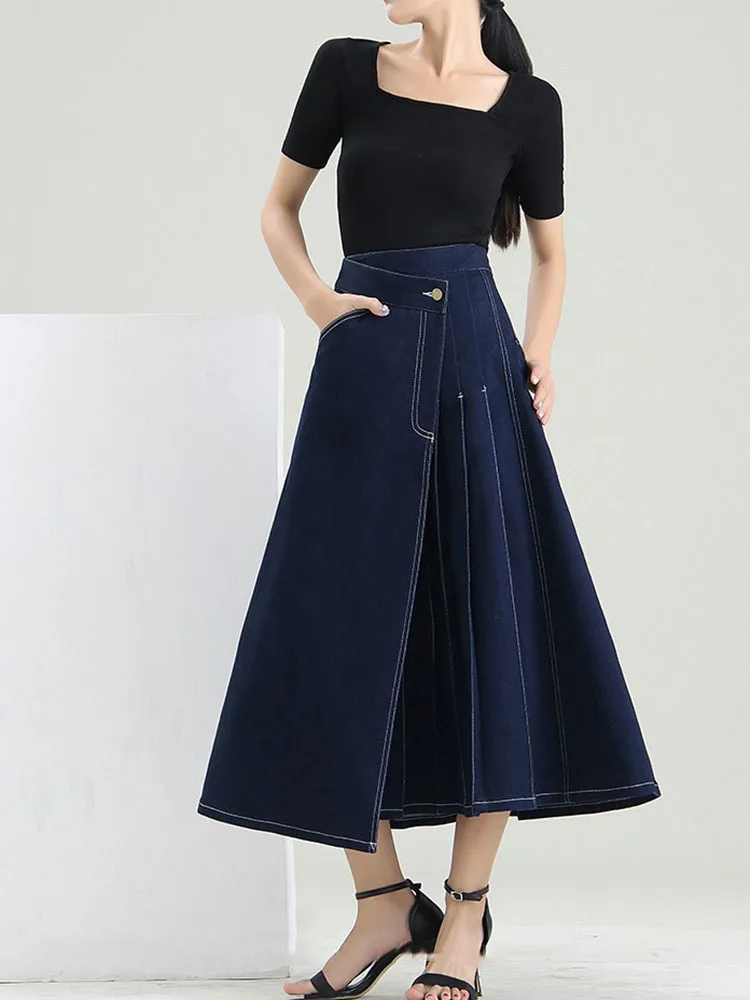 

LANMREM Asymmetric Denim Skirt Summer High Waist Open Line Design Adjustable Waist A-line Medium Length Solid Fashion 2T1340
