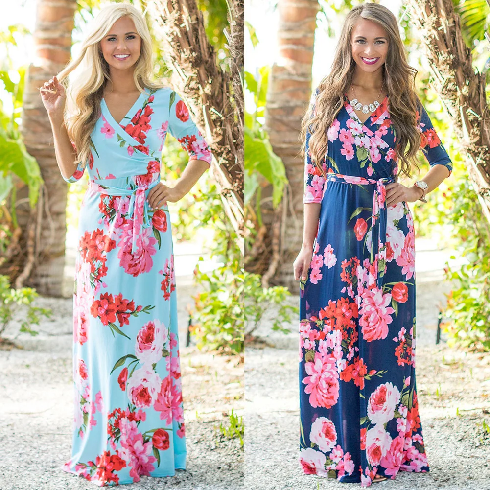 Женское пляжное платье в европейском стиле с длинным рукавом принтом поясом |