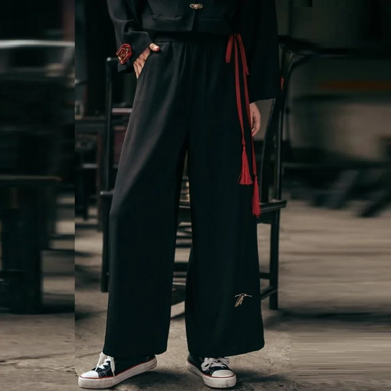 

Chinese Style Women'S Pants 2021 New Summer Chiffon Hippie Ethnic Loose Black Embroidery Wide Leg Pants Kimonos Trousers FF3092