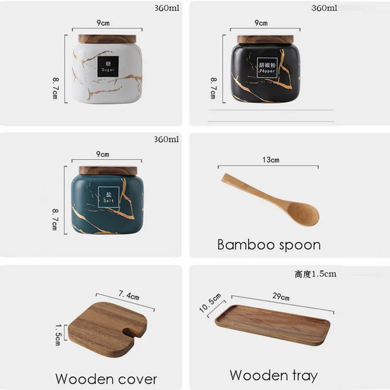 

3Pcs/Set Spice Jar Creative Nordic Matte Marbled Ceramic Seasoning Can Creative Kitchen Tank Set Wooden Cover/Tray Salt Shaker