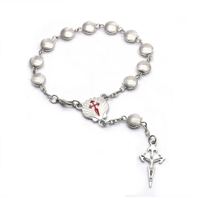 

2pcs Religious seashell-shaped alloy rosary beads cross curved pin bracelets for men and women can for prayer and given as gift