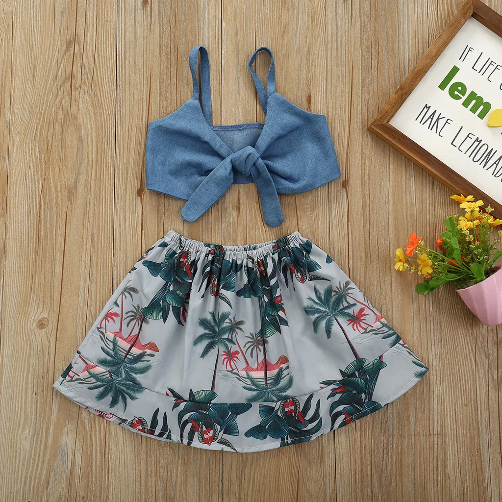 Летняя одежда для маленьких девочек детский Джинсовый укороченный топ + юбка в