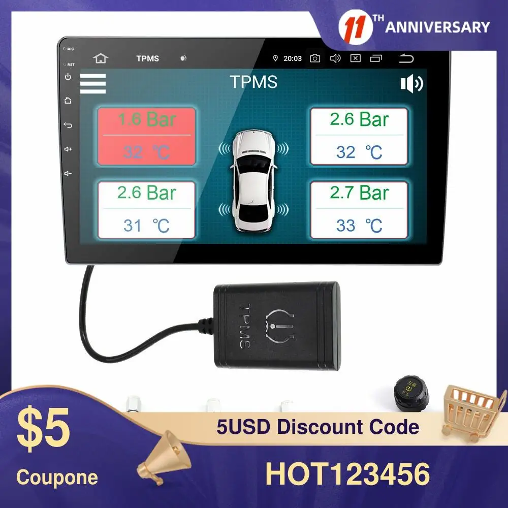 

MS Car Tire Pressure Monitoring System Wireless TPMS With 4 External Sensors Fit For Android7.1 Android 8.0 8.1 9.0 PX5 PX6 PX30