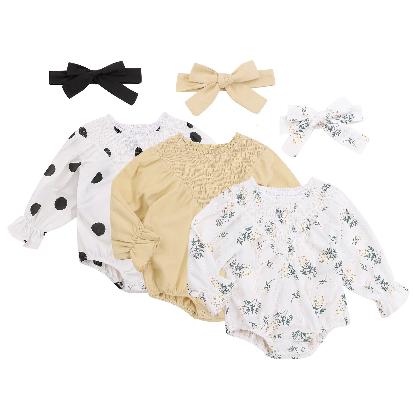 

Pudcoco 0-24M 2Pcs Newborn Kids Baby Girl Polka Dot Floral Print Flare Long Sleeve Casual Button Romper Leotard+Headwear Clothes