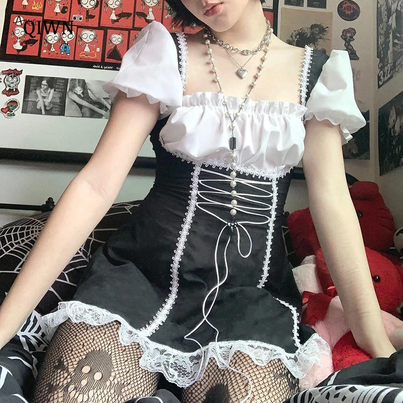 

Y2K готическое черное платье Mall Goth сексуальное кружевное лоскутное мини-платье с высокой талией E Girl Harajuku элегантное платье с пышными рукавам...