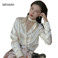 2021 summer new style casual fashion single breasted lapel slim fit solid color silk shirt long sleeved top women polyester