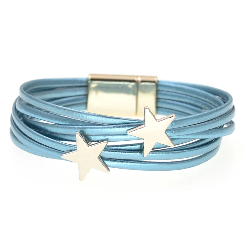 WELLMORE кожаные браслеты для женщин Простые звезды Многослойные широкий браслет