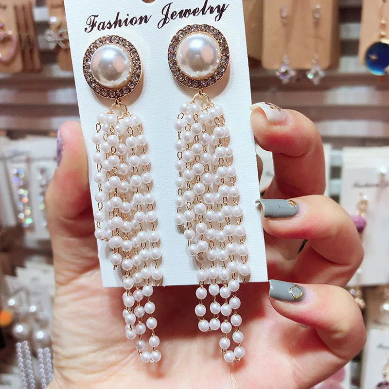 

Корейские длинные Многослойные жемчужные висячие серьги с кисточками для женщин ювелирные изделия Стразы темпераментные серьги украшения...