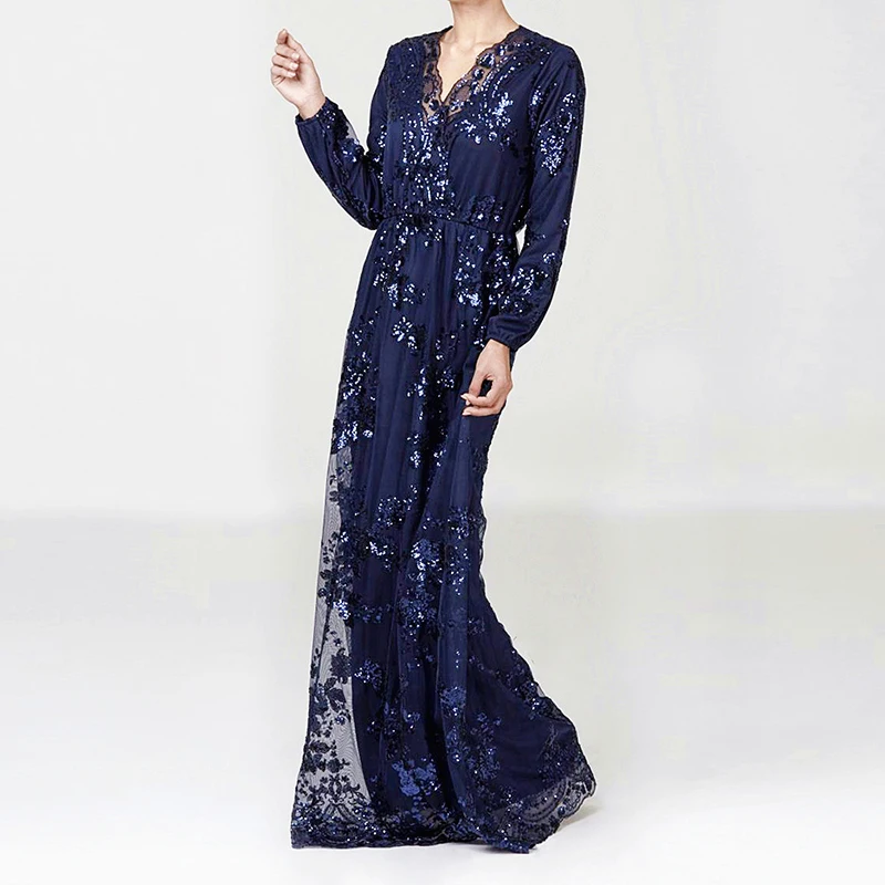 dark blue dress Sequin abaya Дубай турецкие платья мусульманское платье Абая для женщин хиджаб платье кафтан Турция Исламская одежда Кафтан Maroc Omani - Цвет: dark blue dress
