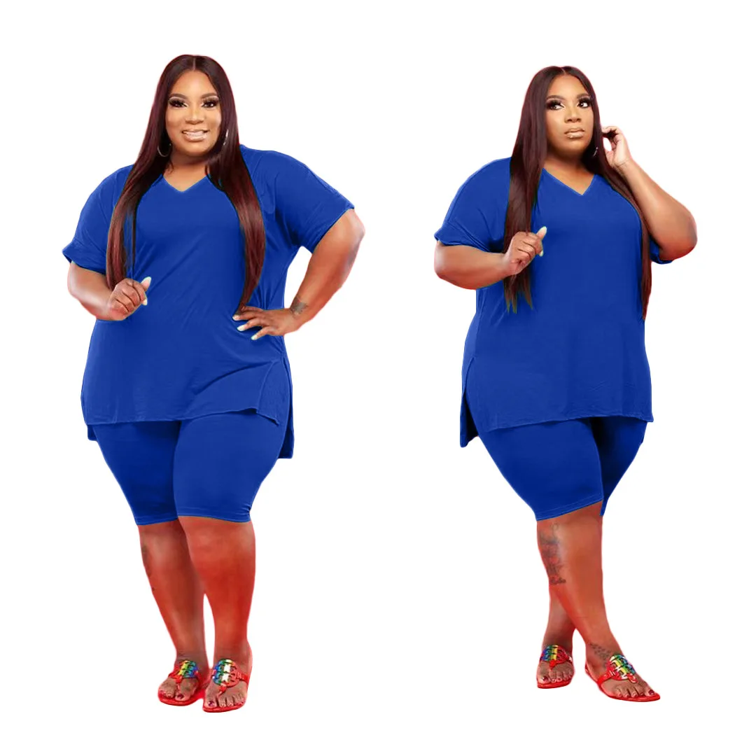 

New Arrivals Women Solid Color Casual Two Pieces Fashion V-neck Short Sleeve T-shirts + Skinny Biker Shorts Plus Size Tracksuits