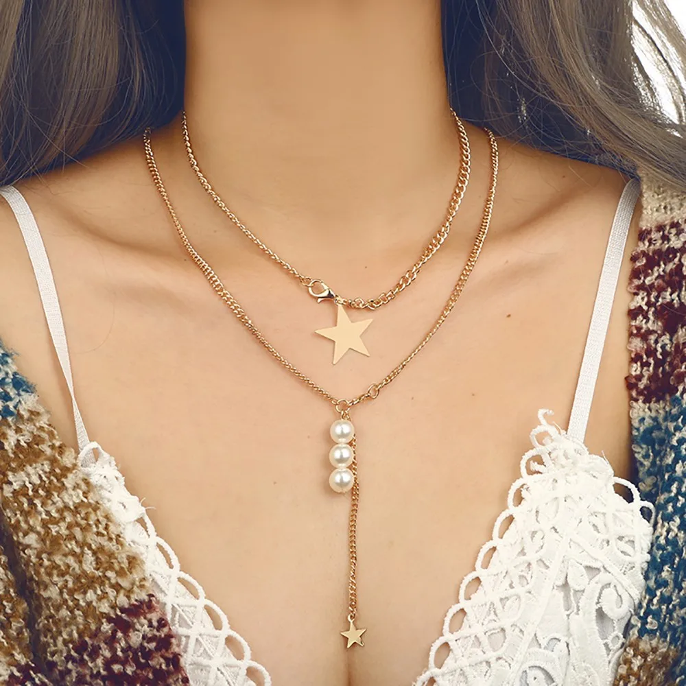 Многослойный металлический чокер с жемчугом и звездами дизайнерское длинное