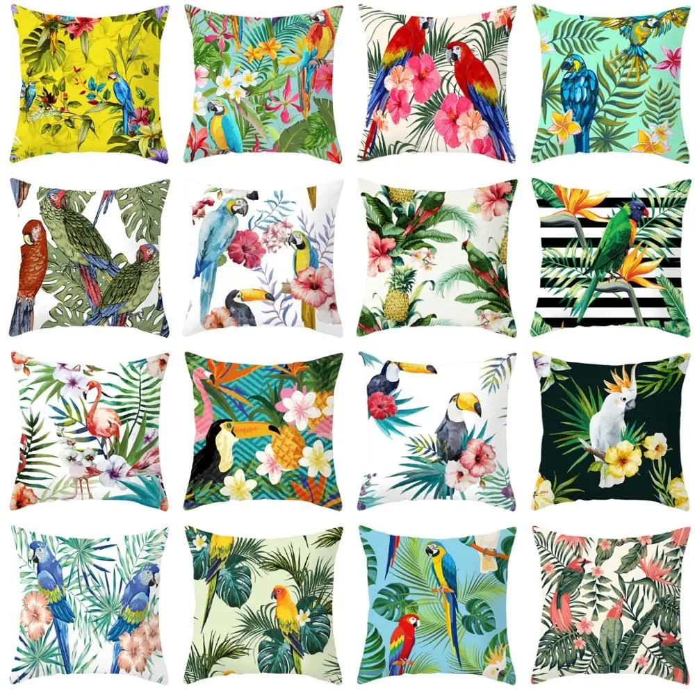 

ZENGIA Sofa Decorative Cushion Cover Tropical Plant Leaf Parrot pineapple Pillow cover 45*45 Throw Pillows Home Decor Pillowcase