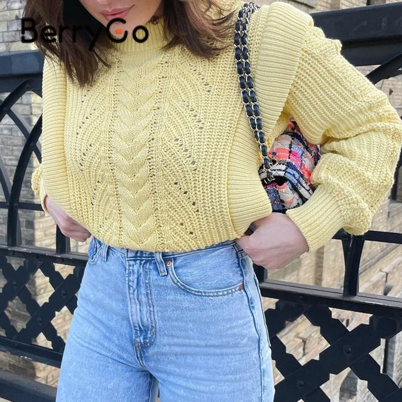 

BerryGo Fashion O-neck cropped pullovers women sweater Elegant long sleeve solid sweater lady Loose knitted basic sweater female