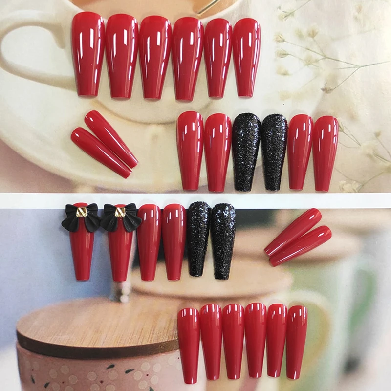 

24pcs fake acrylic nails Black Red with Bow Wear Long Paragraph Fashion Manicure Patch False Nails Save Time Wearable Nail Patch