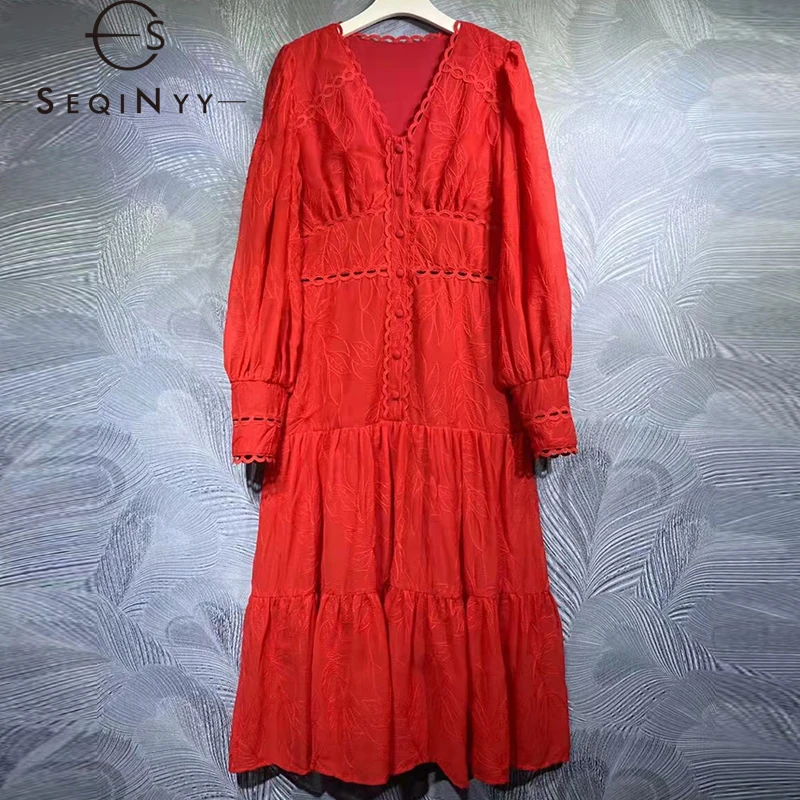 

SEQINYY Red Party Dress Spring Autumn New Fashion Design Women Runway Embroidery Flowers Hollow Out V-Neck High Quality A-Line