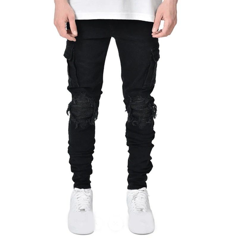 Men's Ripped Denim Trouser Skinny Elastic Boys Hole With Multi Pockets Zipper pantaloon slim Black Cargo Jeans pants for men