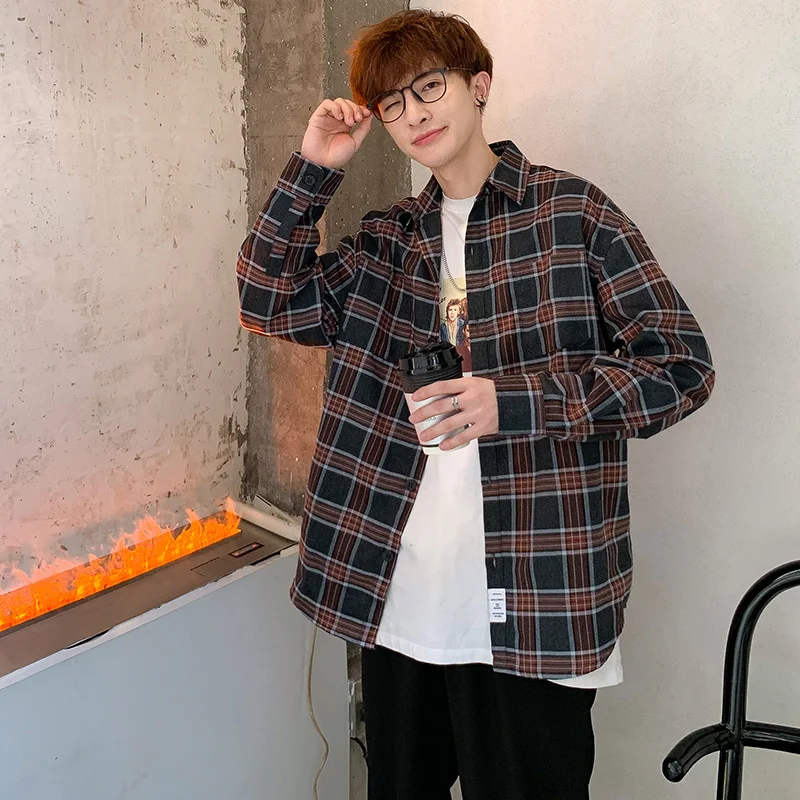

New Autumn Clothing Man Lattice hawaiian Shirt Trend Long Sleeve Male Tide Brand Leisure Time Cotton Clothes Loose Coat Blue