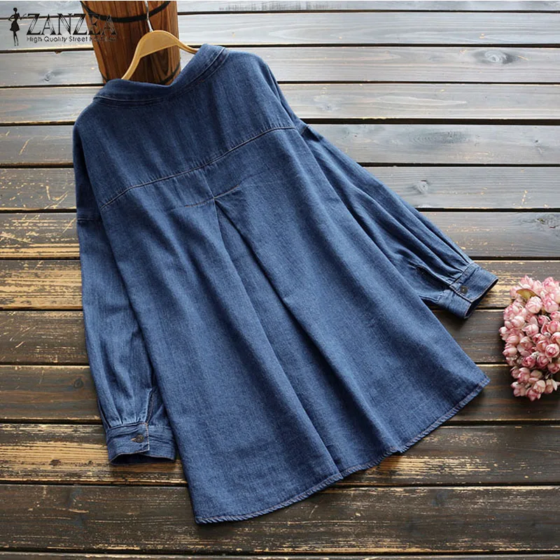 Женская джинсовая рубашка ZANZEA Повседневная Блузка с длинными рукавами и