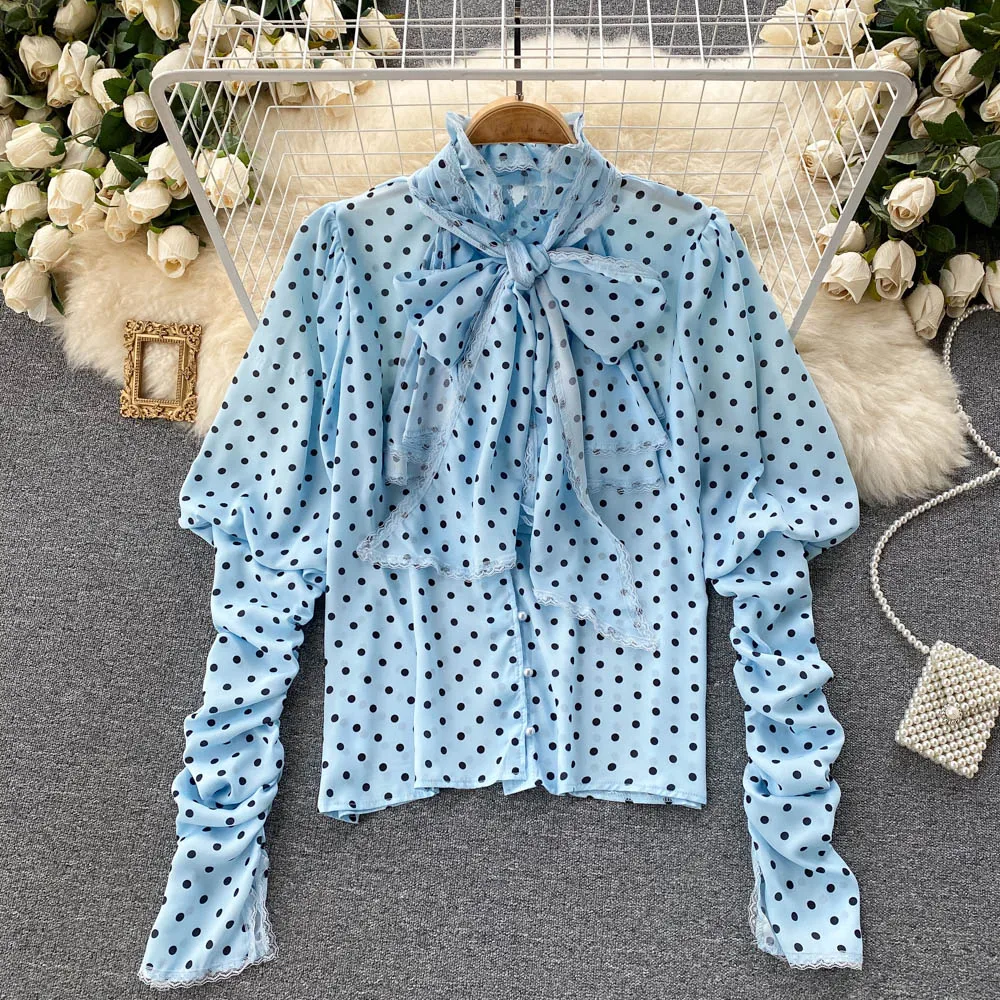 

B755 Женские Новые Модные осенние шикарные топы с длинными рукавами-пузырями, милая шифоновая рубашка с оборками и бантом, блузка с принтом в ...