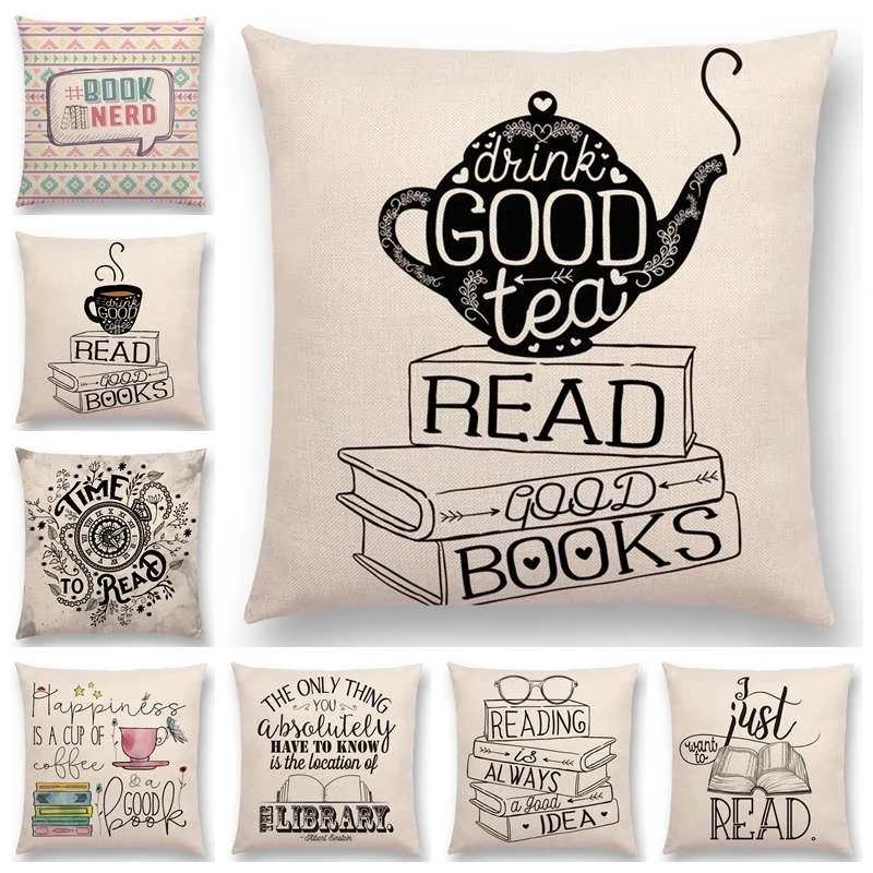 

Double printing Sofa Pillow Case Nice Tea Reading Books Beautiful Life Gorgeous Words Enjoy Time Cushion Cover Polyester linen