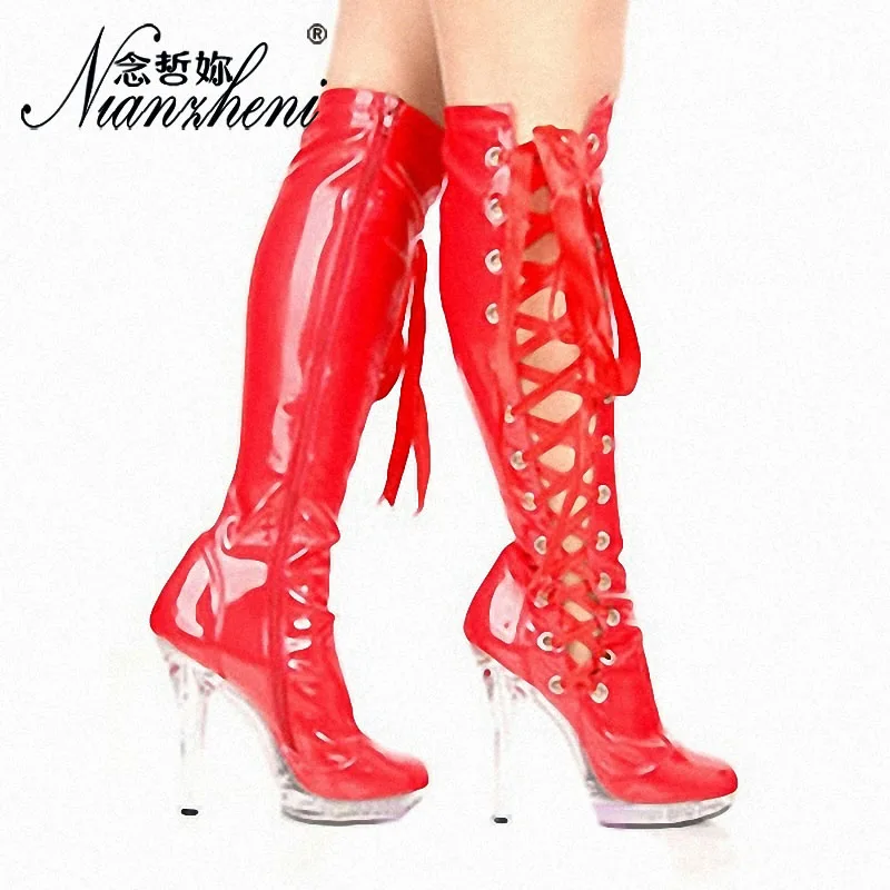 

Sexy Red Riband Thigh high boots Patent leather Round toe Thick platform 20cm High heeled shoes 8 inches Nightclub Pole Dance