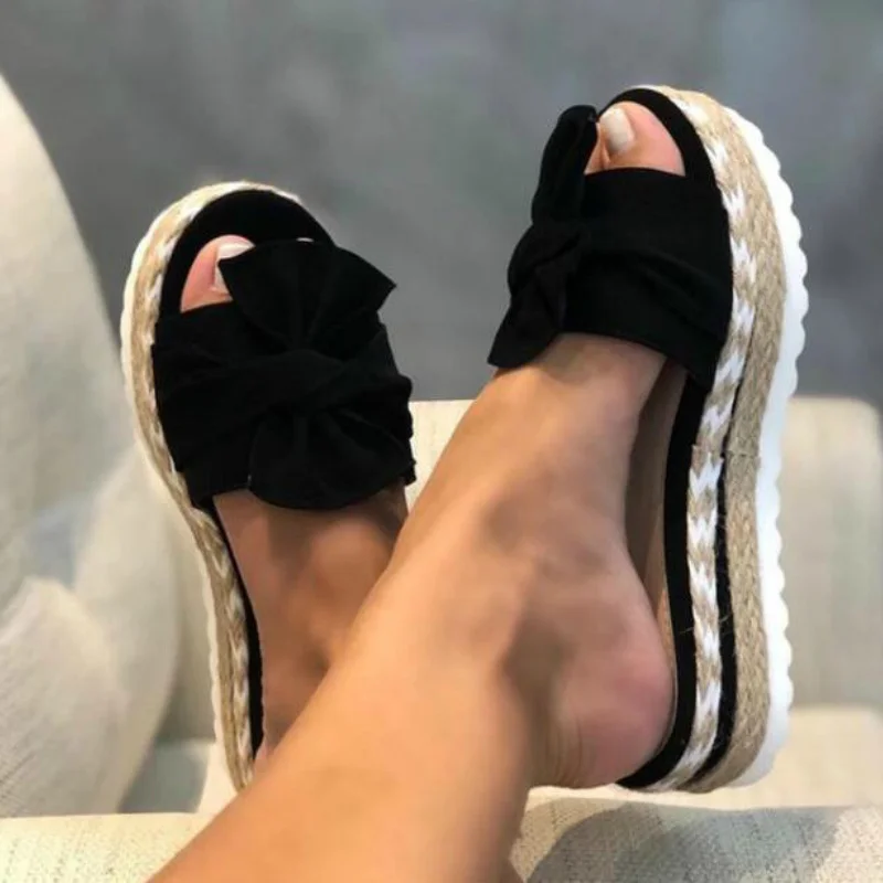 

Women Slippers Summer 2021 Platform Wedges Mid Heels Bow Tie Peep Toe Fashion Slides Beach Outdoor Ladies Shoes Zapatos De Mujer