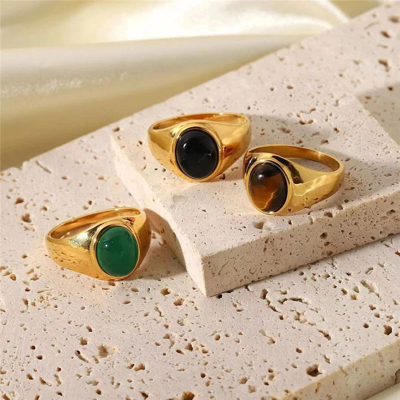 

Hot new 18k fashion oval high quality natural turquoise ring for men and women stainless steel jewelry gifts