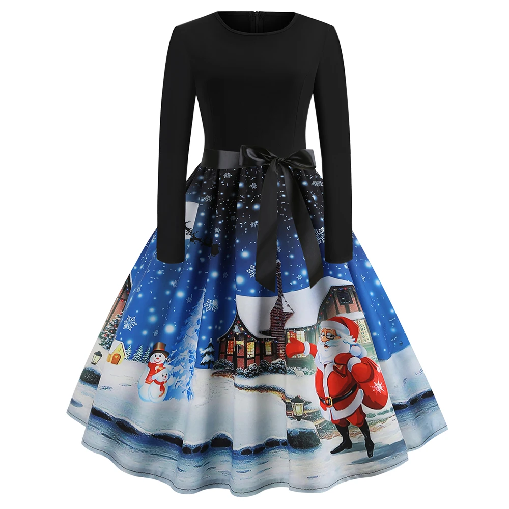 Women Christmas Long Sleeve Print Elegant Vintage mid calf dress Party Dress Robe 2019 Autumn Winter Casual Plus Size Xmas | Женская