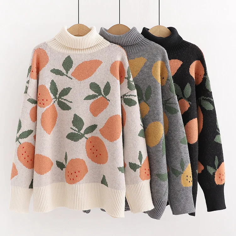 

2022 New Women Casual Sweaters Winter Warm Turtlecneck Sweet Jumpers Warm Pull Knitwear Oversized Sweater Fruit Sweate