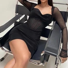 Сексуальное прозрачное Сетчатое лоскутное платье-футляр в виде рыбьей кости женское облегающее вечернее платье с длинным рукавом и V-образным вырезом