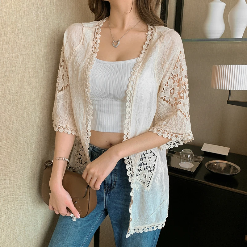 Летняя трикотажная кружевная рубашка Солнцезащитная Женская длинная с вырезами