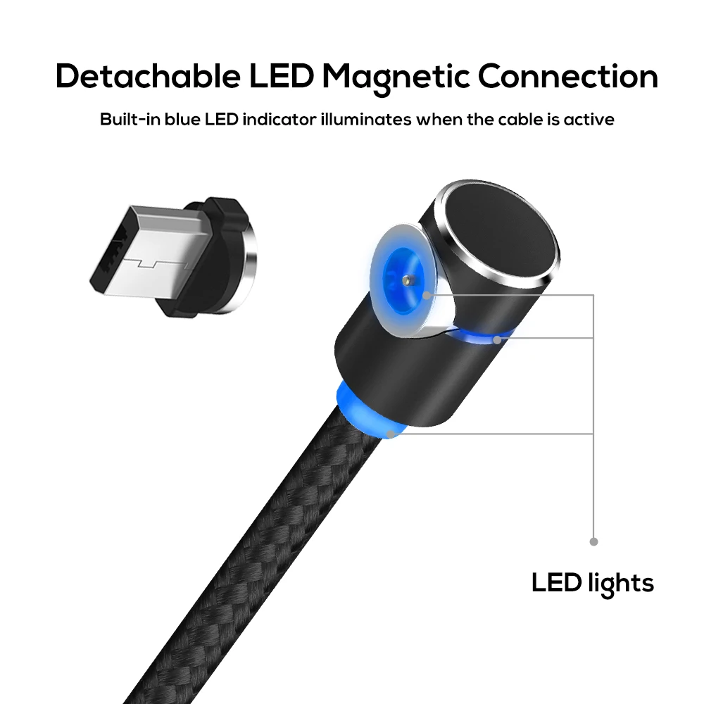 Магнитный светодиодный кабель Micro USB TOPK 1 м 2 угол 90 градусов L-образная нейлоновая