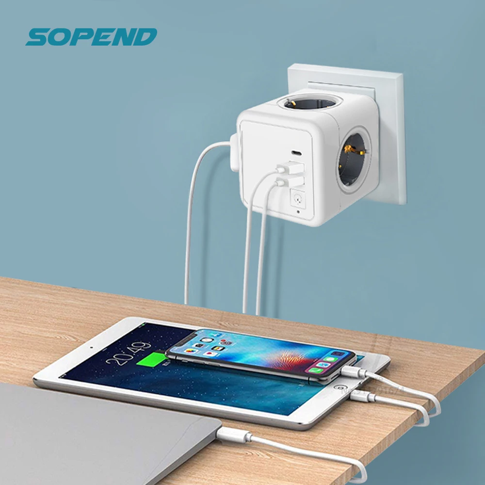 Блок питания Sopend с 4 розетками переменного тока 2 порта USB C и защитой от