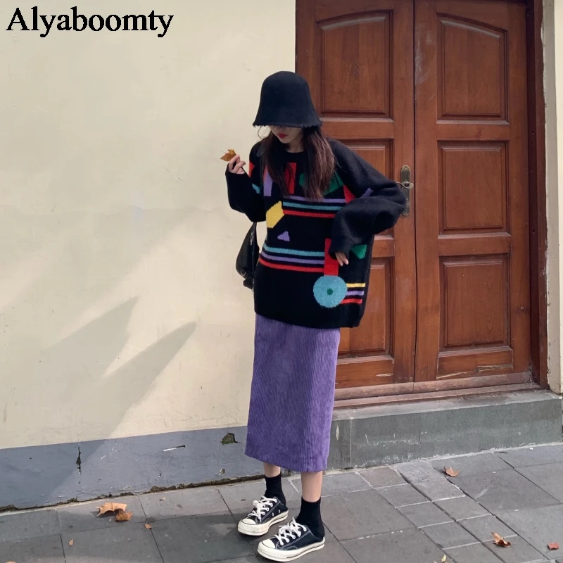 Корейская Ulzzang Осенняя Весенняя женская юбка миди с высокой талией фиолетовая
