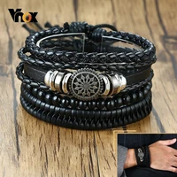 vnox 4pcs set adjustable leather bracelets for men braided pu black brown bangle life tree leaf rudder charm bracelet gift
