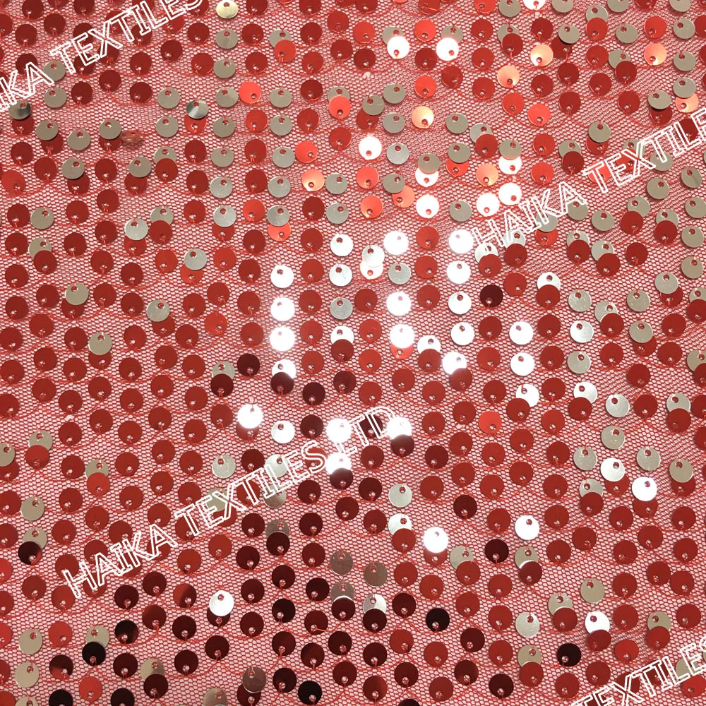 

HK-S-01181A 6mm Mesh Tulle Net Ground Double Site Red Sliver Eco-friendly Sequins Fabric For Clothes Garment