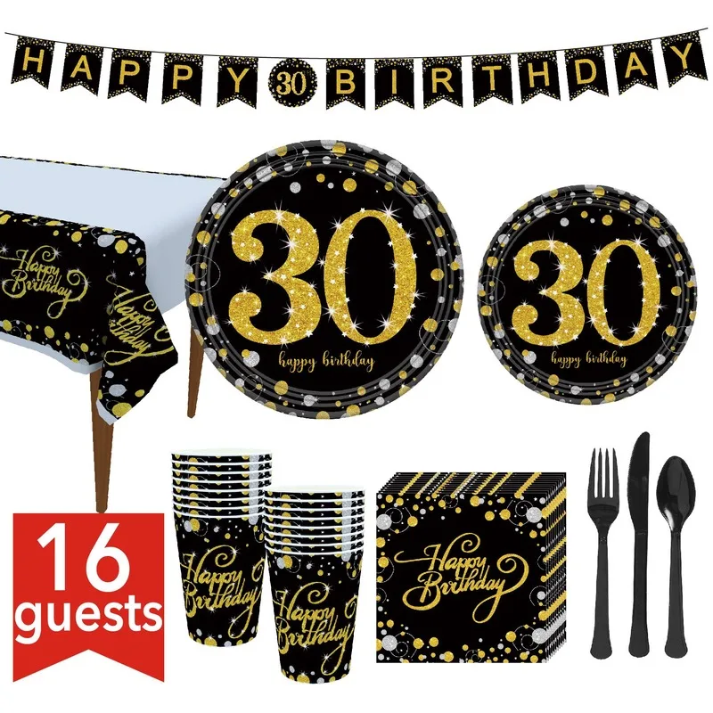 

Black Gold Paper Disposable Tableware 30th 40th 50th 60th 70th 80th Birthday party Anniversary Wedding Party Decoration