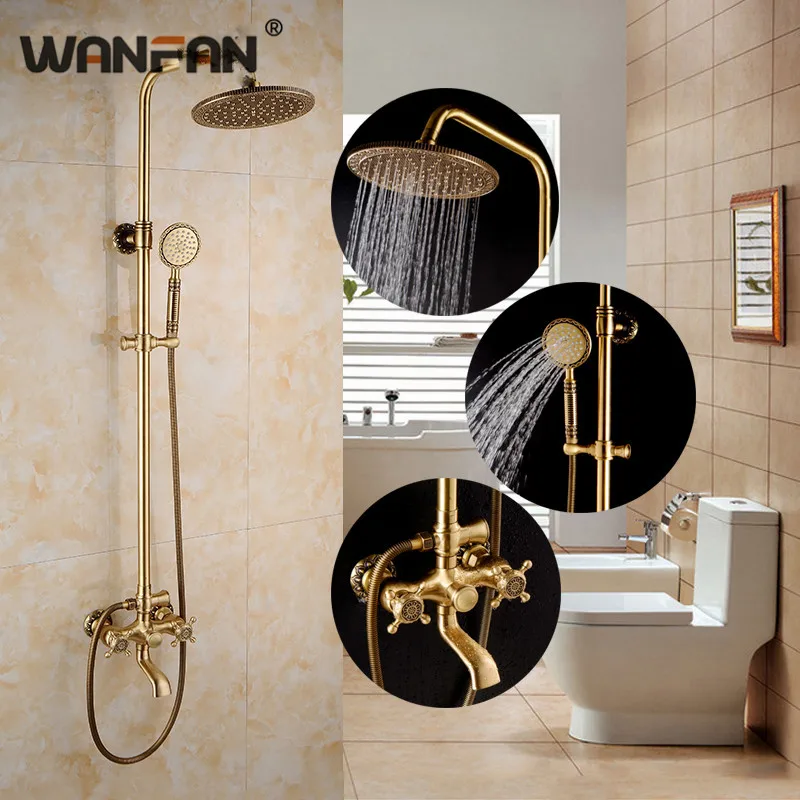 

WANFAN Bathroom Shower Faucet Set Antique Bathtub Faucet Mixer Tap Waterfall Wall Brass Shower Head Polished Shower Set CA-9704K