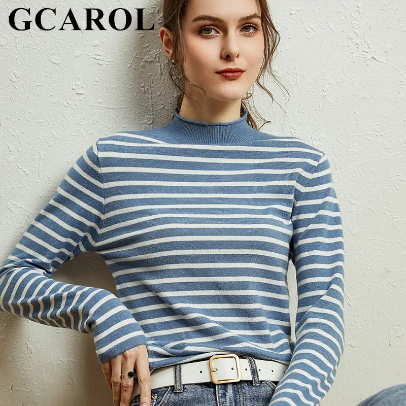 

GCAROL Women Half High Collar Striped Sweater 30% Wool Slim Skin-friendly Knit Pullover Warm Soft Fall Winter Bottom Jumper 2XL