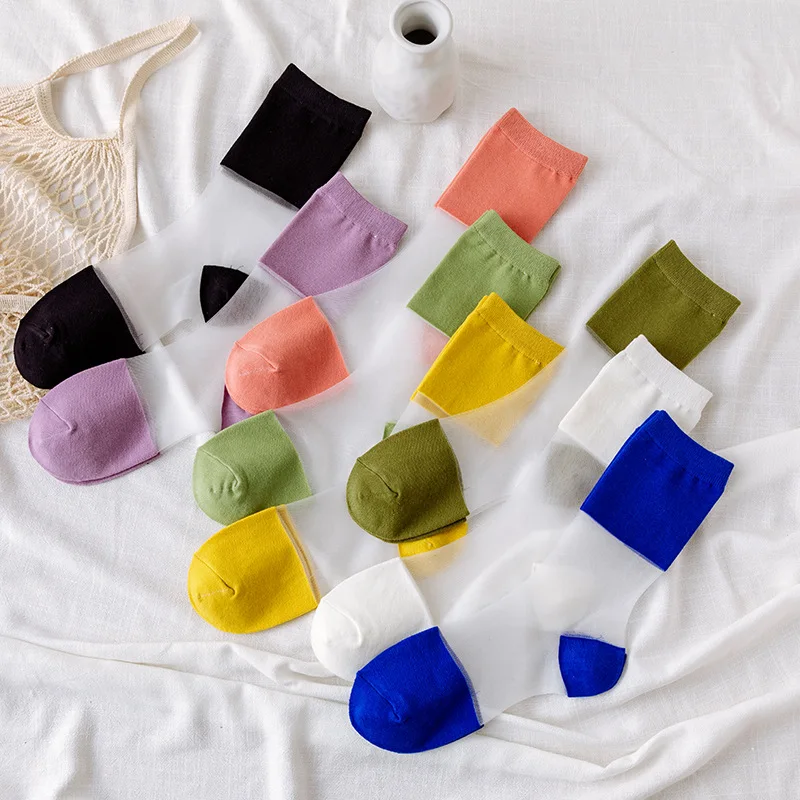 

Summer Fashion Women Ultrathin Transparent Socks Glitter Crystal Glass Silk Socks Beautiful Lace Solid Elastic Short Socks