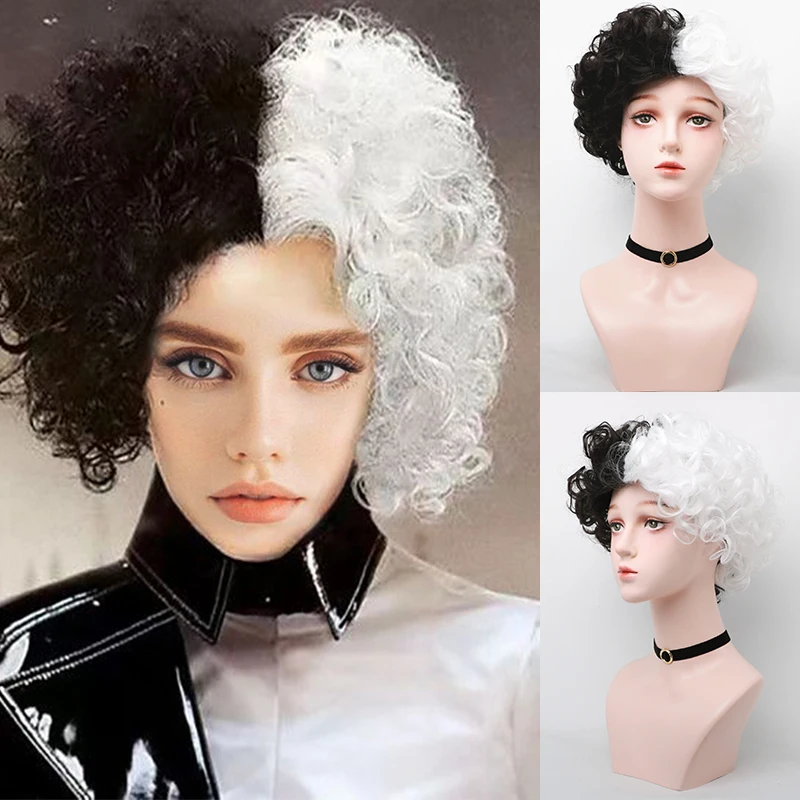 DIFEI synthetic Witch Kuila short curly black and white double color matching wig with bangs female heat-resistant wig