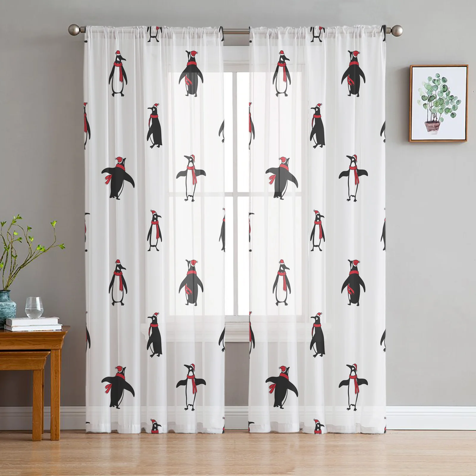 

Christmas Penguin Wearing Christmas Hat Tulle Sheer Window Curtains for Living Room Bedroom Decor Voile Curtains Drapes