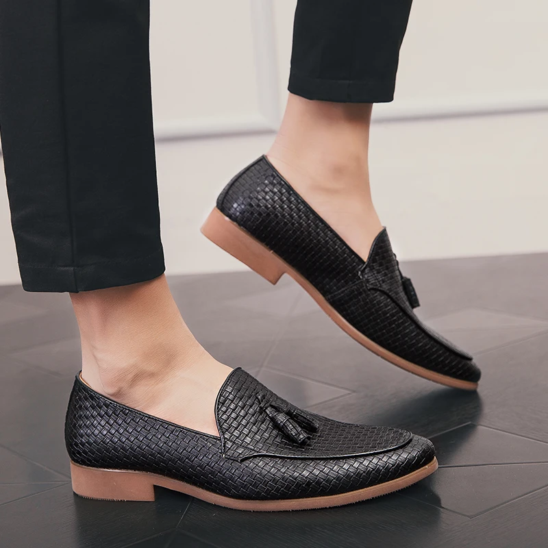 Mens Shoes Casual Leather Loafers Fashion Weave Slip on Formal Business Bureau Leisure Walk Male Adult Comfortable | Обувь