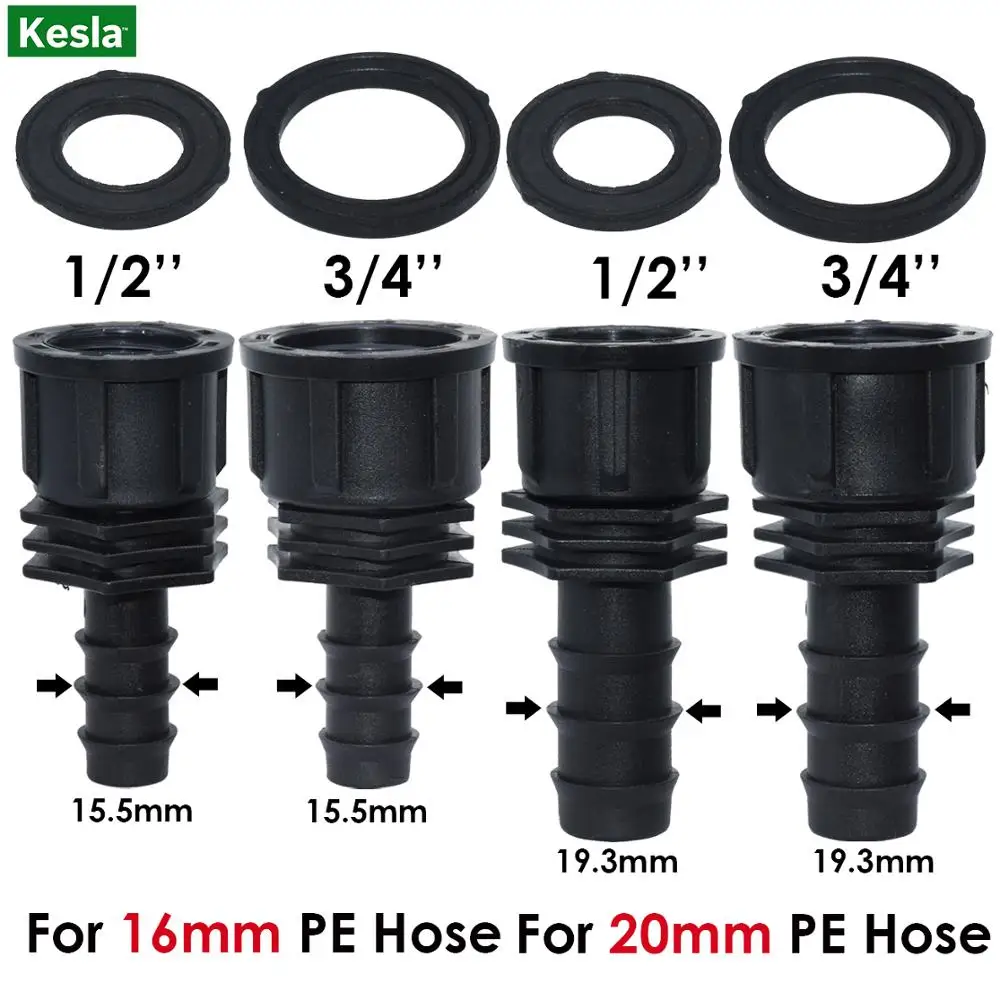 

KESLA 2PCS 16mm 20mm PE Hose Barbed Connector to 1/2 "3/4" Female Threaded Adapter Pipe Fitting Micro Drip Irrigation Garden