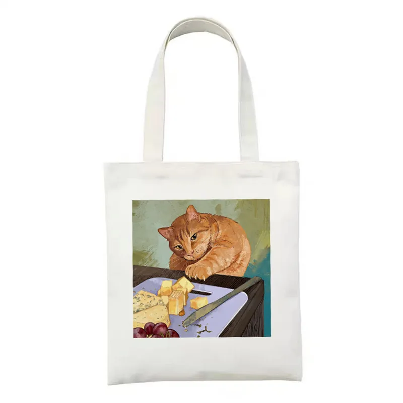 

Teacher Book Storage Bags Shoulder Reusable Shopping Tote Canvas Women Bag Funny Cat Print Travel Students Large Capacity Bag