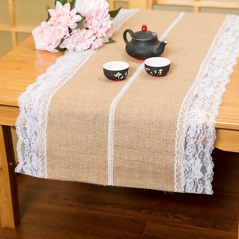 

2.6meters 40cm Wide Burlap Lace Table Runner Linen Fabric for Farmhouse Rustic Decoration,Wedding Birthday Party Holiday Decor