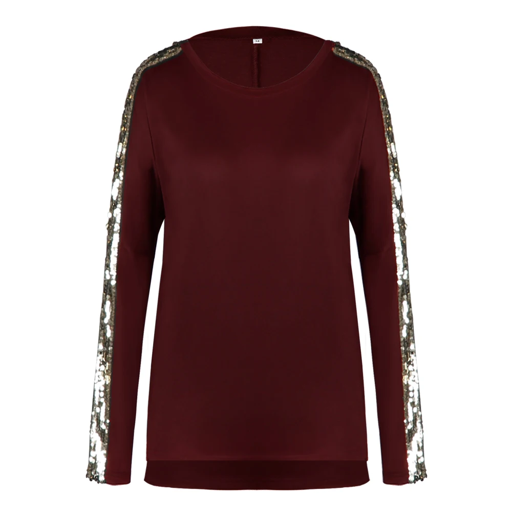 

2019 Fashion Women's Cutout Long Sleeve Sequins T-shirts Spring Long Sleeve Tshirt Casual Tops Tee Shirt Femme